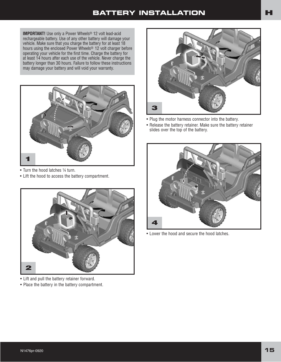 Battery installation | Fisher-Price JEEP RUBICON H4433 User Manual | Page 15 / 24
