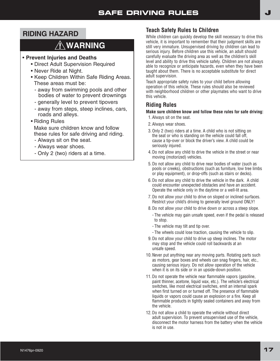 Warning, Riding hazard, Safe driving rules | Fisher-Price JEEP RUBICON H4433 User Manual | Page 17 / 24
