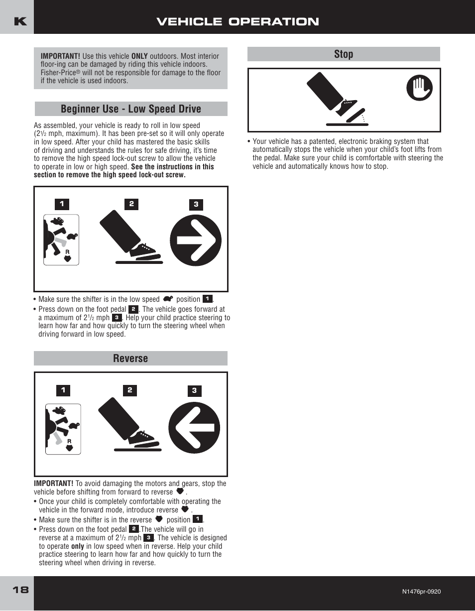Vehicle operation, Reverse, Beginner use - low speed drive | Stop | Fisher-Price JEEP RUBICON H4433 User Manual | Page 18 / 24