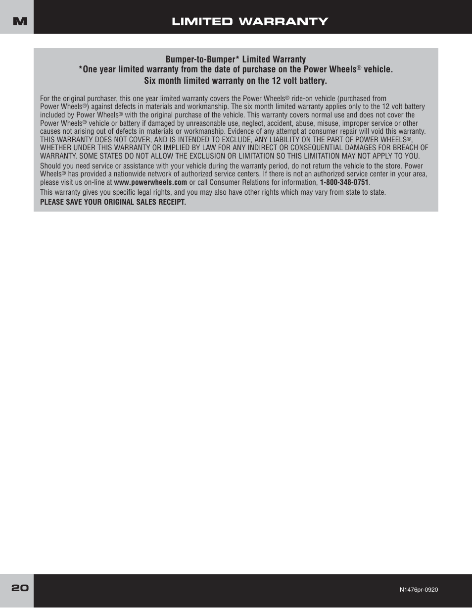 Limited warranty | Fisher-Price JEEP RUBICON H4433 User Manual | Page 20 / 24