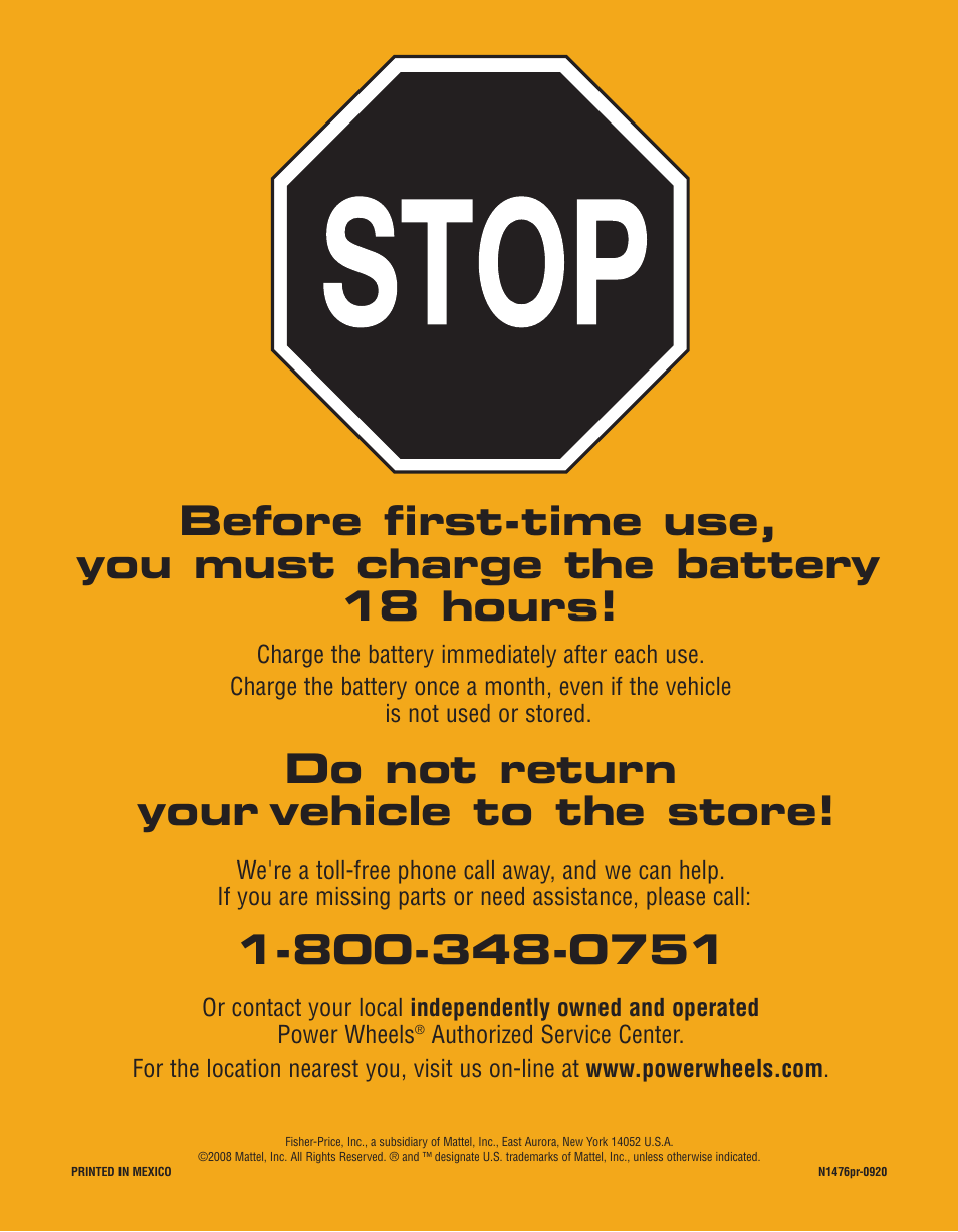 Do not return your vehicle to the store | Fisher-Price JEEP RUBICON H4433 User Manual | Page 24 / 24