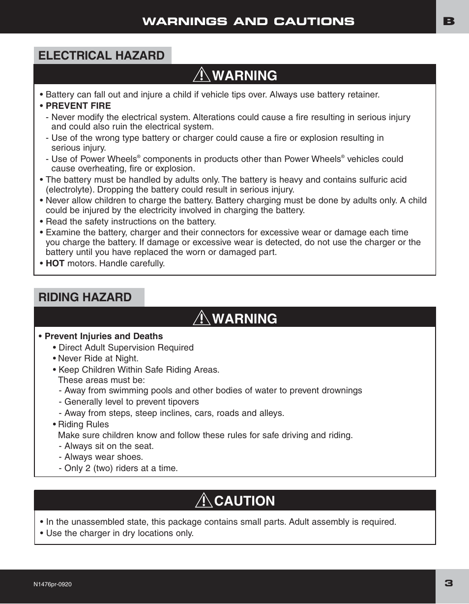 Warning caution warning, Electrical hazard, Riding hazard | Fisher-Price JEEP RUBICON H4433 User Manual | Page 3 / 24