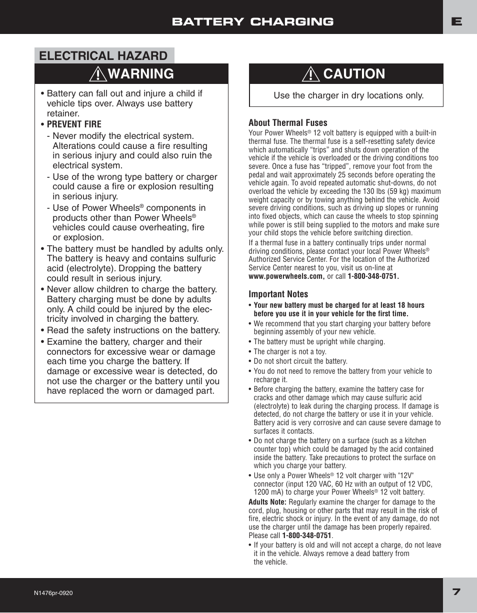 Warning caution, Electrical hazard, Battery charging | Fisher-Price JEEP RUBICON H4433 User Manual | Page 7 / 24
