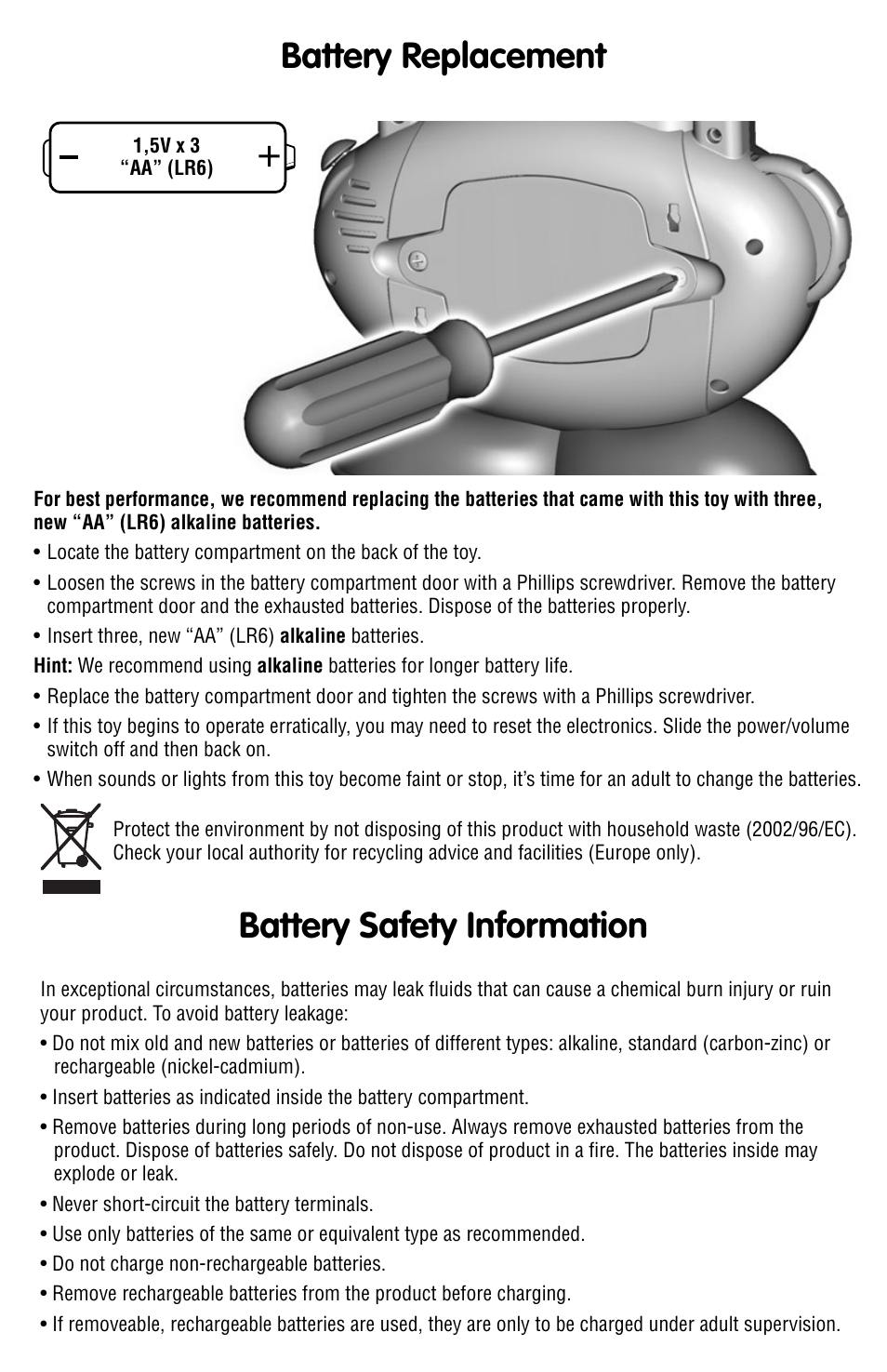 Battery replacement, Battery safety information | Fisher-Price P2670 User Manual | Page 2 / 4
