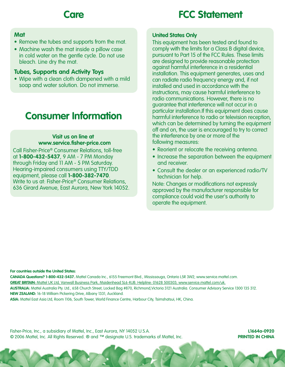 Care consumer information fcc statement | Fisher-Price L1664 User Manual | Page 4 / 6