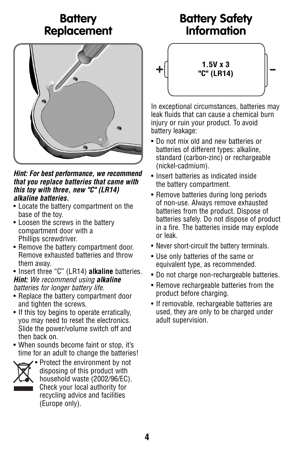 Battery replacement, Battery safety information | Fisher-Price N1418 User Manual | Page 4 / 6