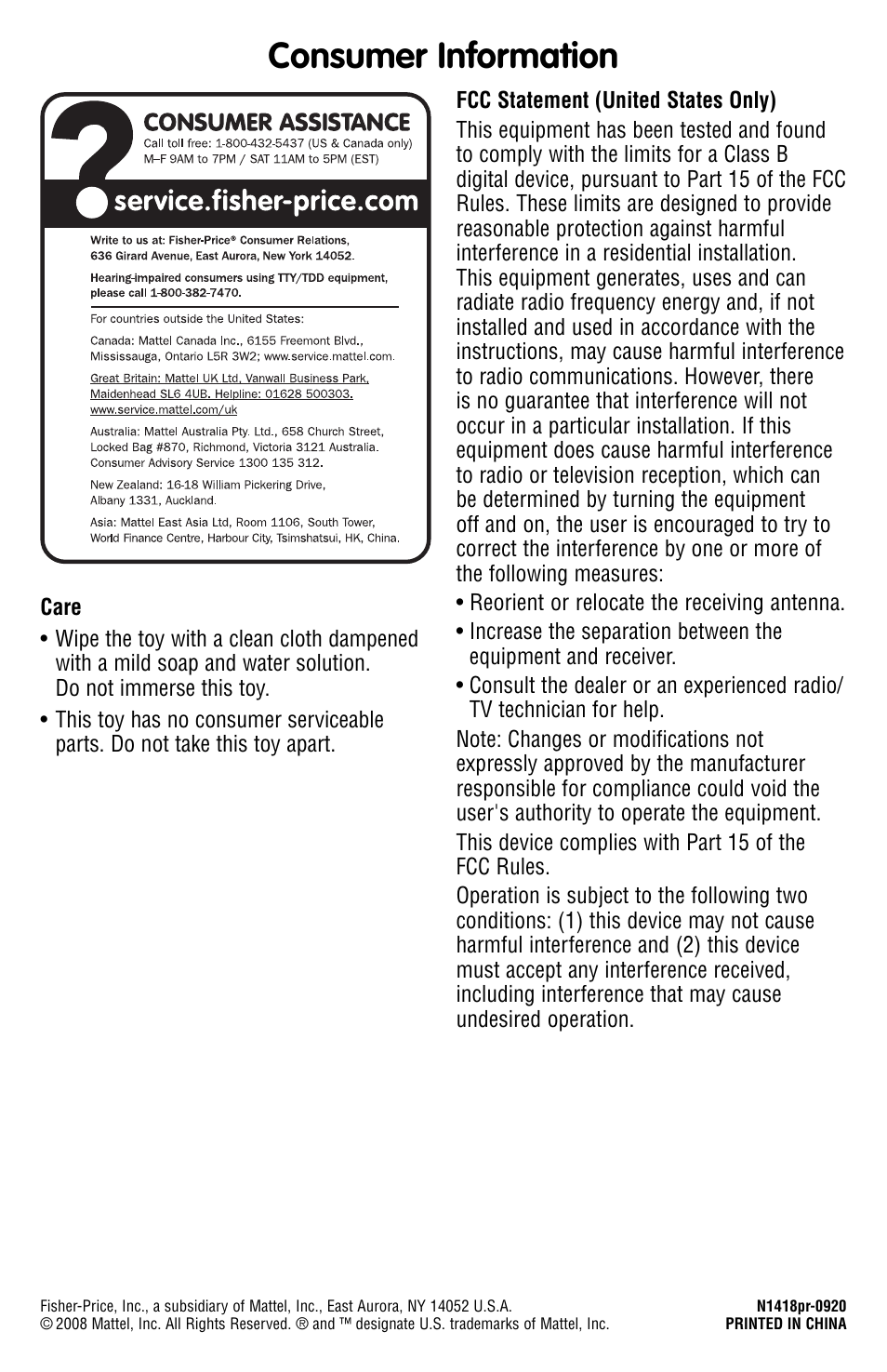 Consumer information | Fisher-Price N1418 User Manual | Page 6 / 6