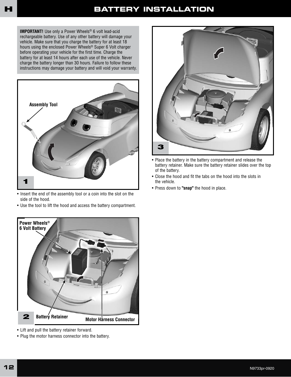 Battery installation | Fisher-Price N9733 User Manual | Page 12 / 20