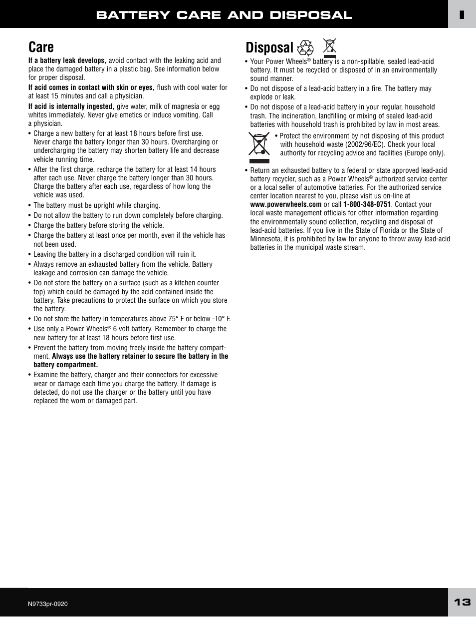 Care, Disposal, Battery care and disposal | Fisher-Price N9733 User Manual | Page 13 / 20