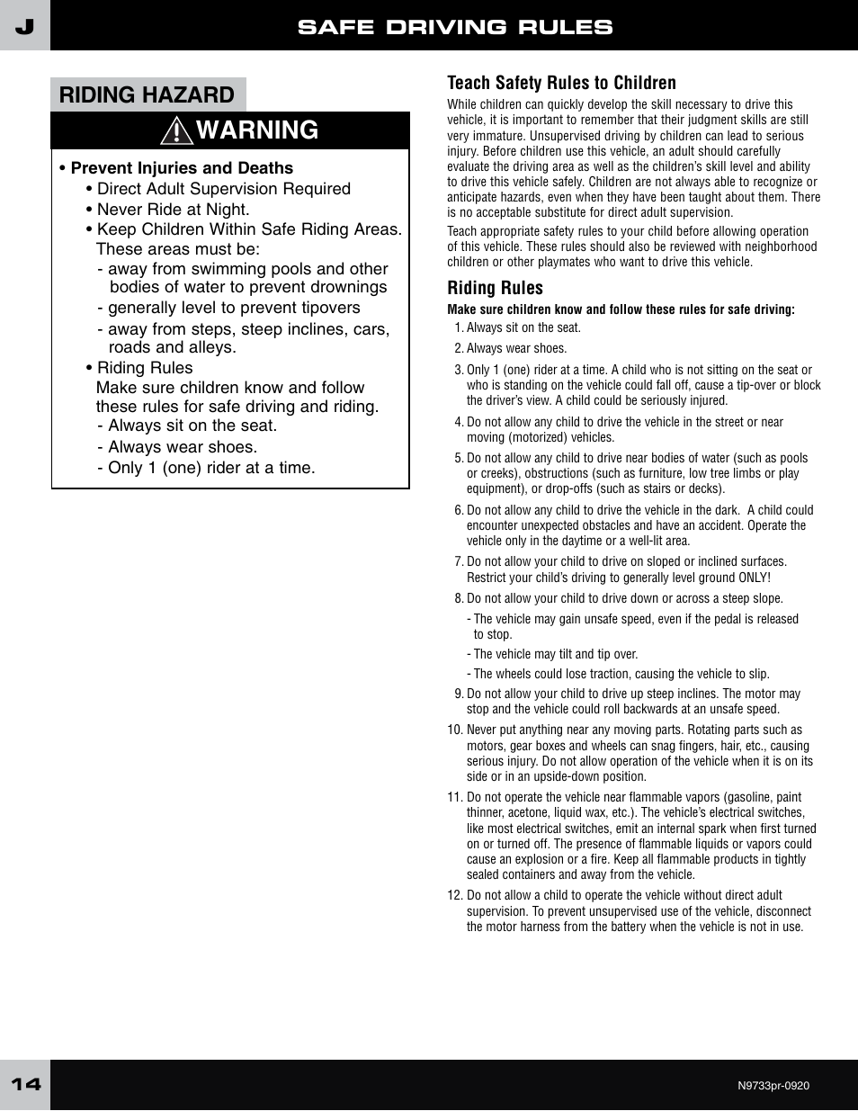 Warning, Riding hazard, Safe driving rules | Teach safety rules to children, Riding rules | Fisher-Price N9733 User Manual | Page 14 / 20