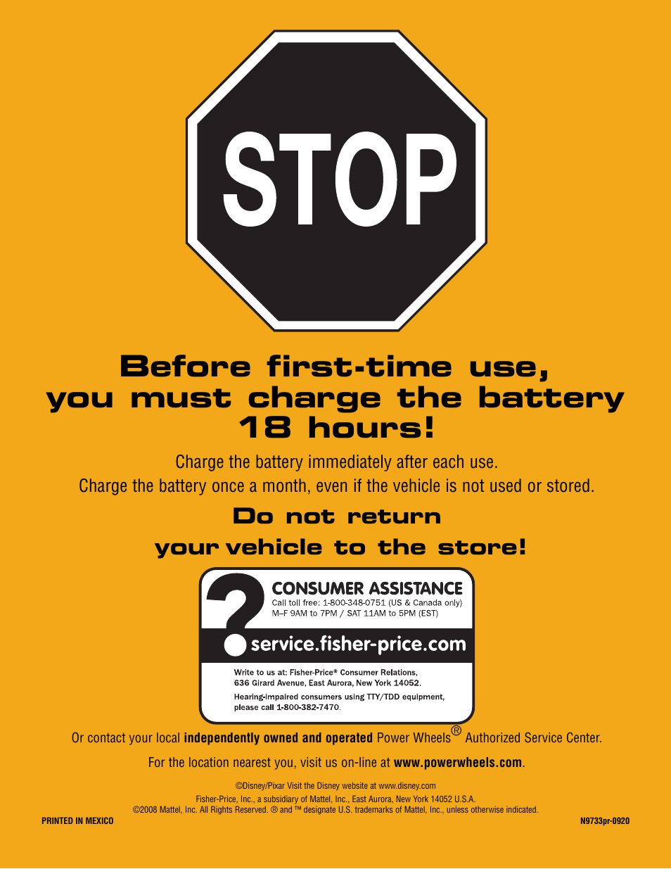 Do not return your vehicle to the store | Fisher-Price N9733 User Manual | Page 20 / 20