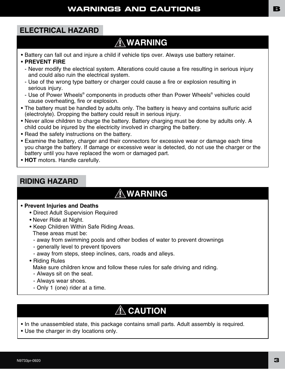 Warning caution, Warning, Electrical hazard | Riding hazard | Fisher-Price N9733 User Manual | Page 3 / 20