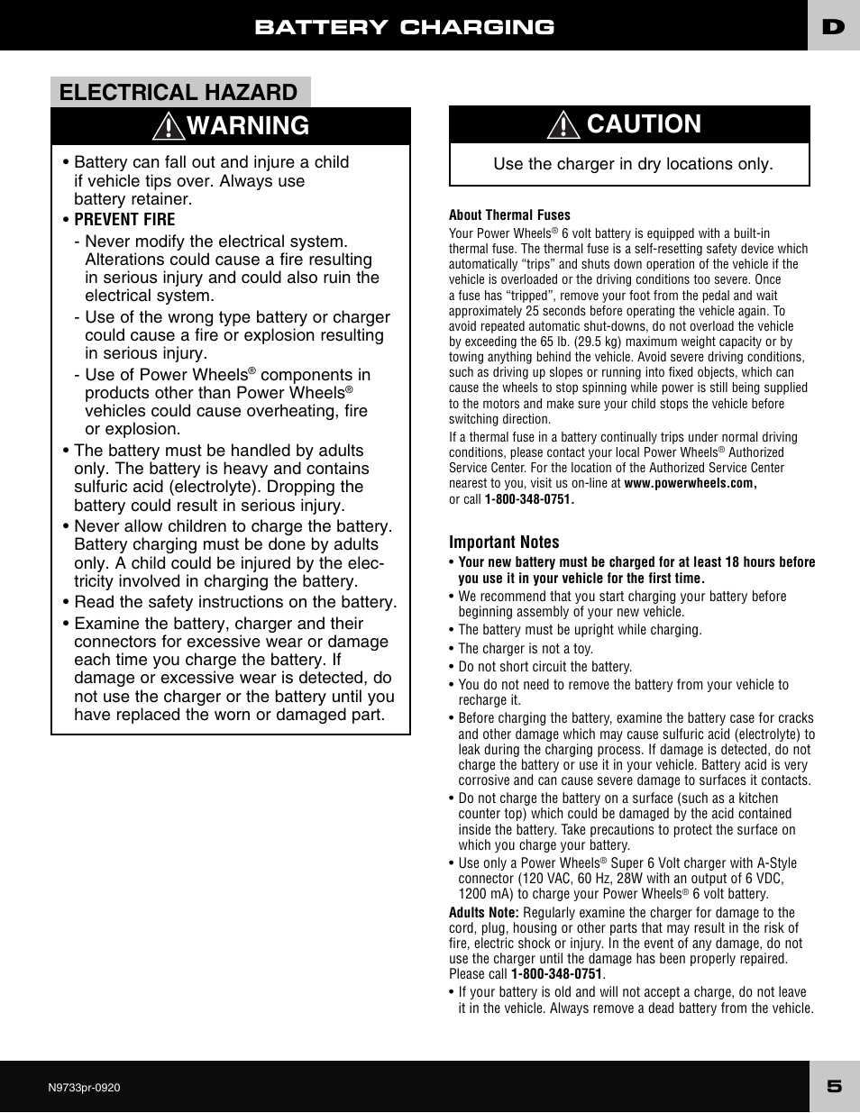 Warning caution, Electrical hazard, Battery charging | Fisher-Price N9733 User Manual | Page 5 / 20