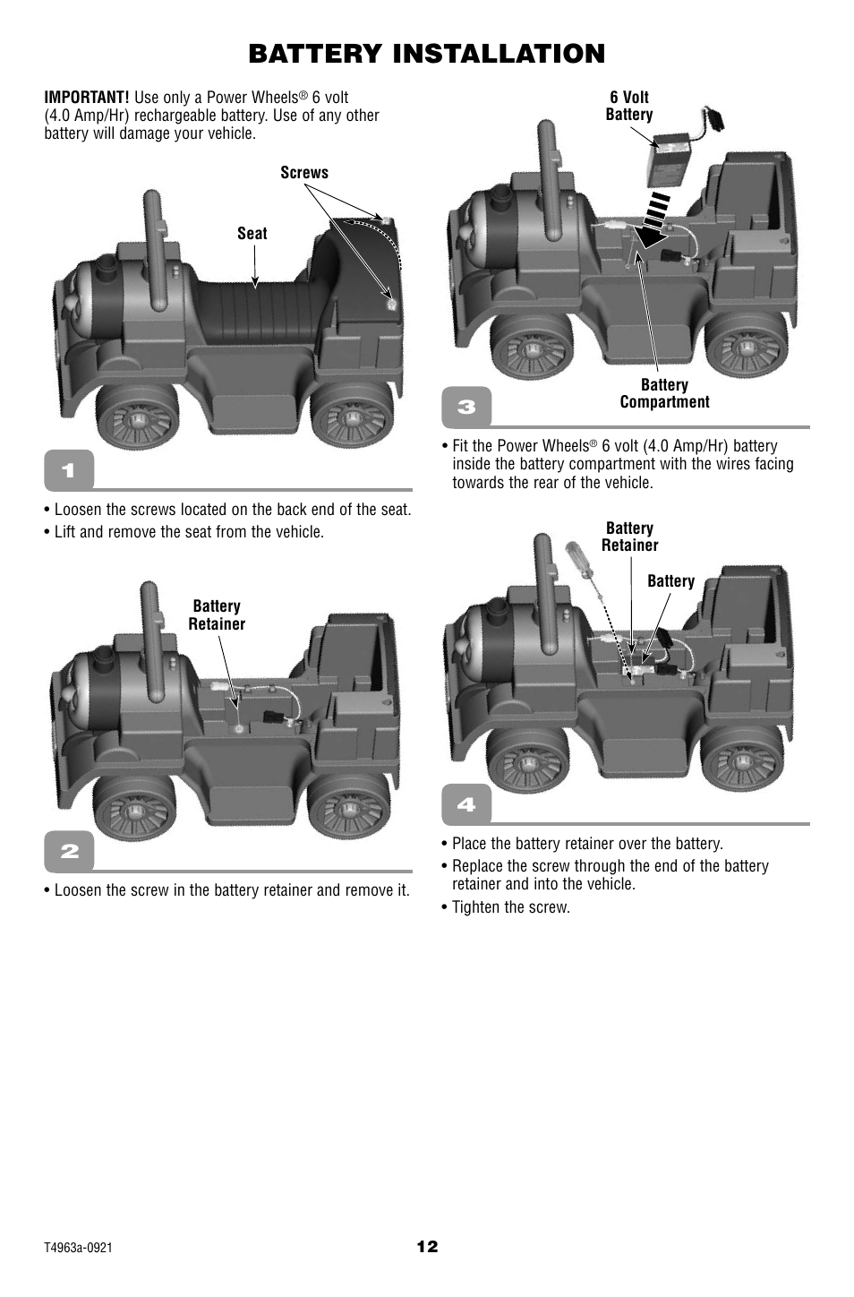 Battery installation | Fisher-Price POWER WHEELS T4963 User Manual | Page 12 / 20