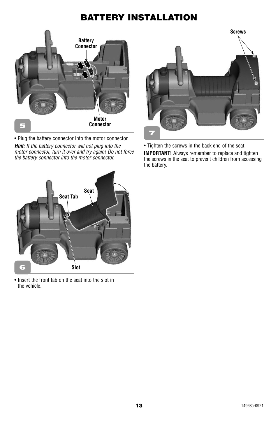 Battery installation | Fisher-Price POWER WHEELS T4963 User Manual | Page 13 / 20