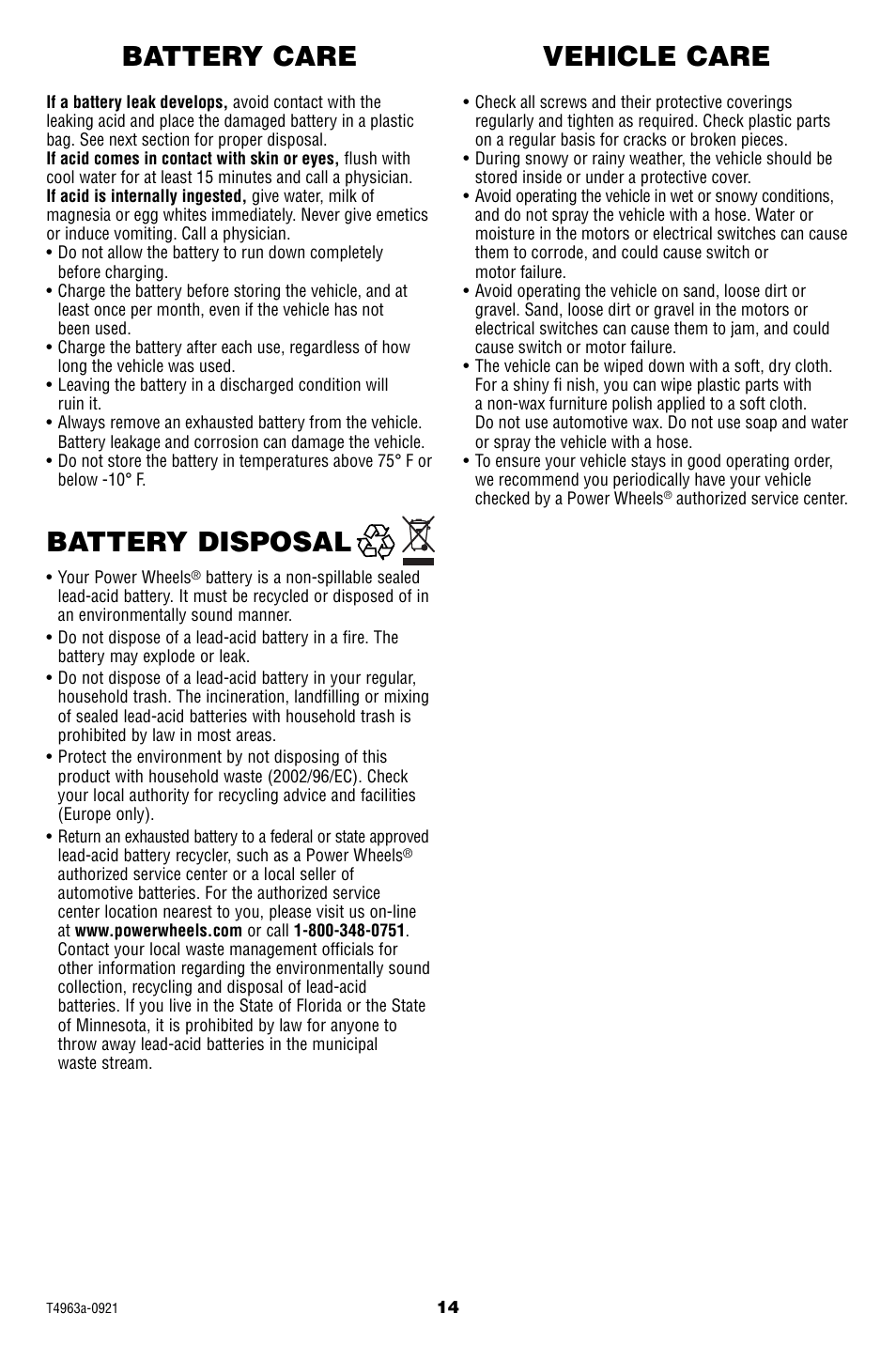 Battery disposal battery care vehicle care | Fisher-Price POWER WHEELS T4963 User Manual | Page 14 / 20