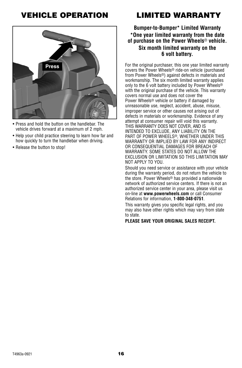 Vehicle operation, Limited warranty | Fisher-Price POWER WHEELS T4963 User Manual | Page 16 / 20