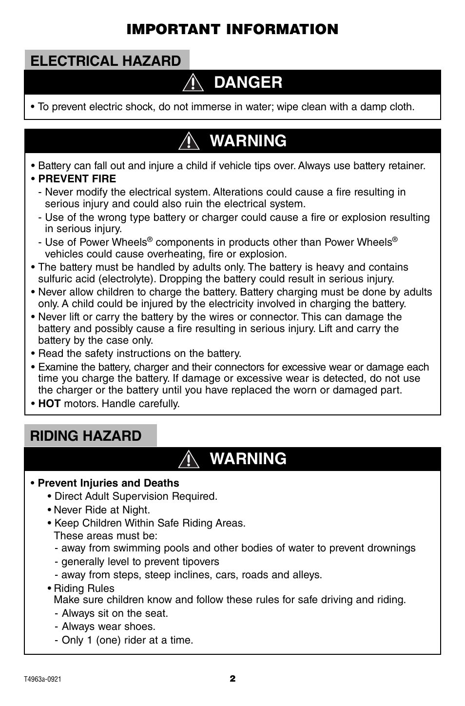 Danger warning, Warning, Electrical hazard | Important information, Riding hazard | Fisher-Price POWER WHEELS T4963 User Manual | Page 2 / 20