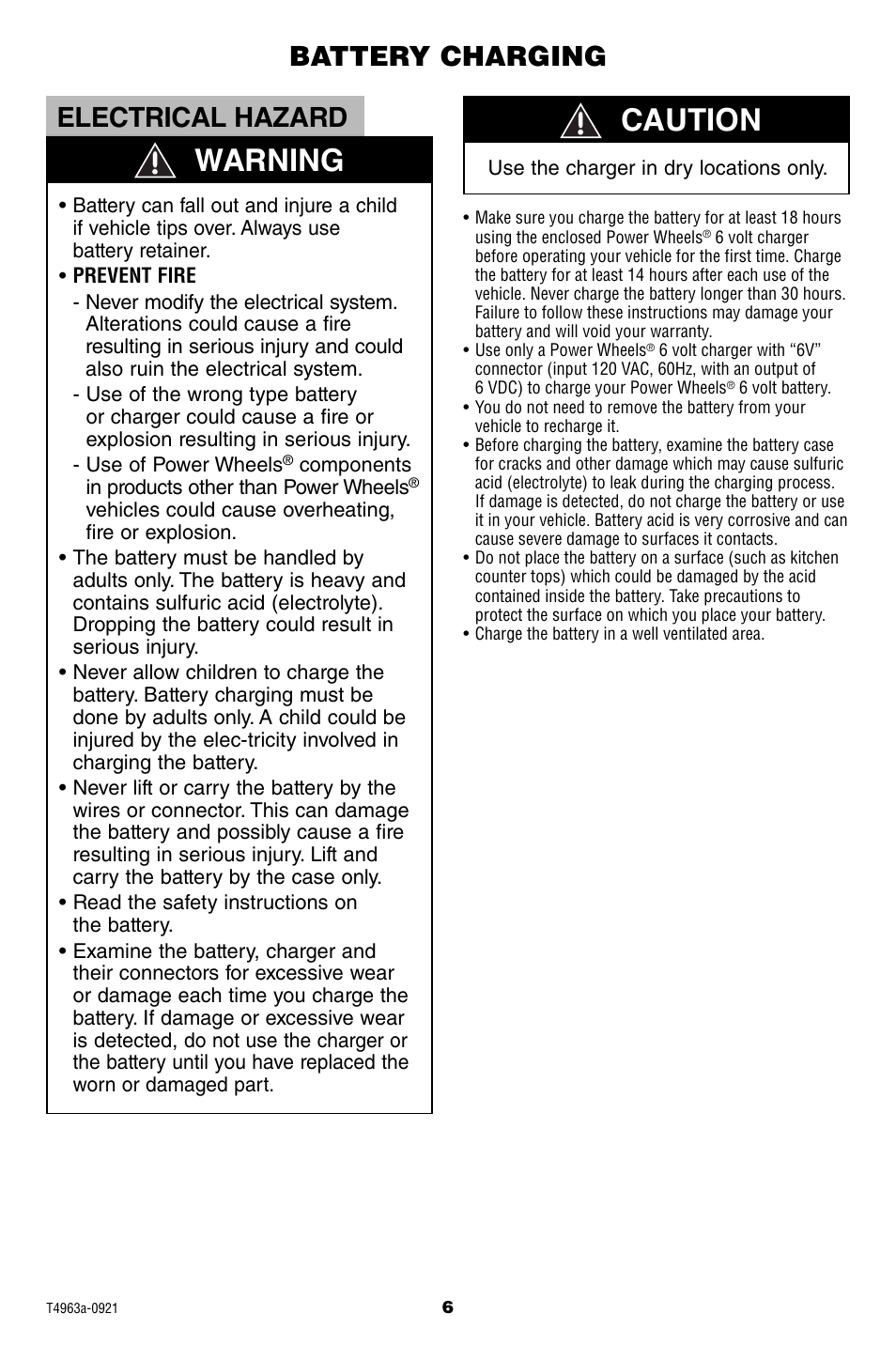 Warning caution, Electrical hazard, Electrical hazard battery charging | Fisher-Price POWER WHEELS T4963 User Manual | Page 6 / 20