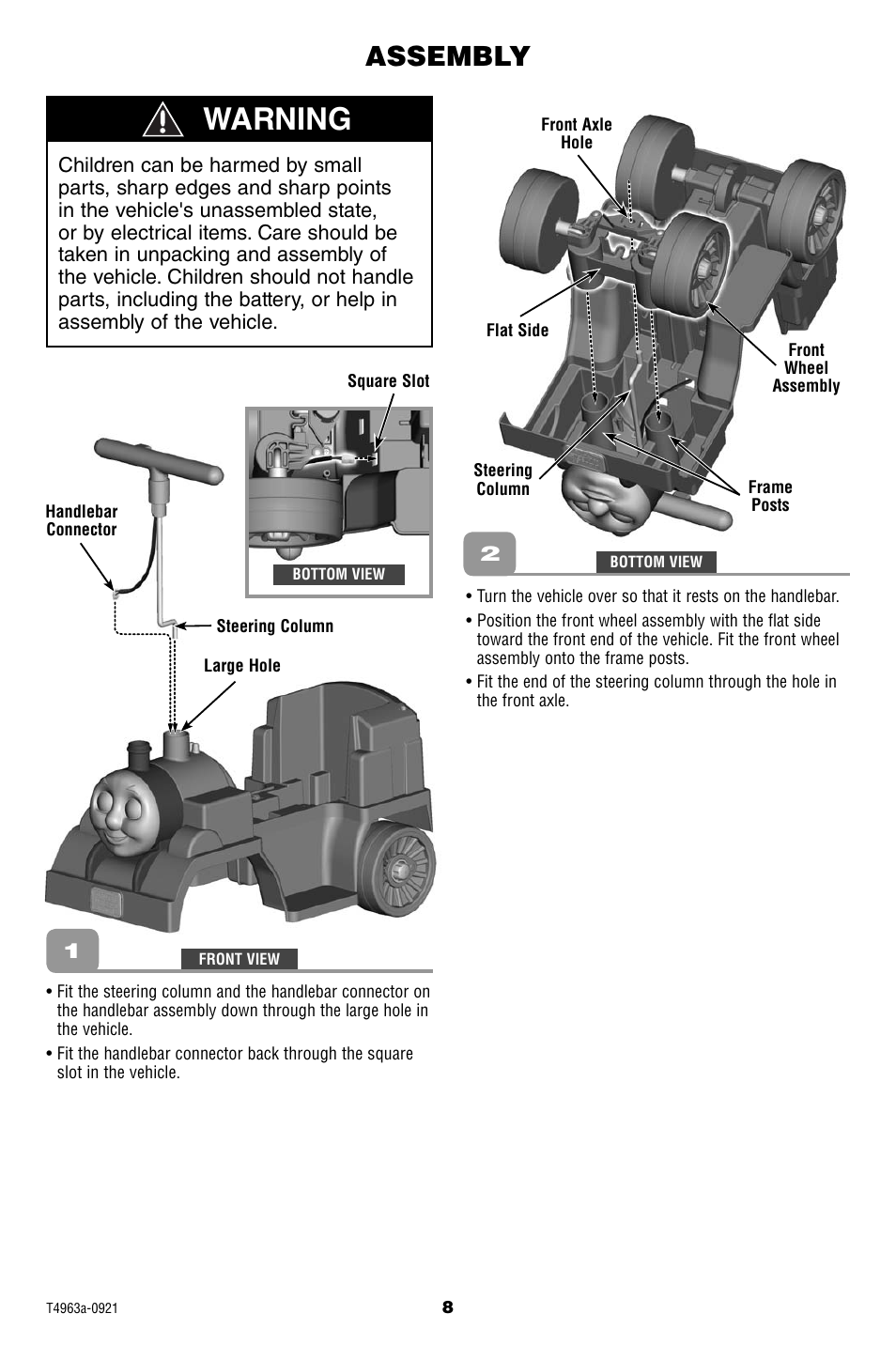 Warning, Assembly | Fisher-Price POWER WHEELS T4963 User Manual | Page 8 / 20