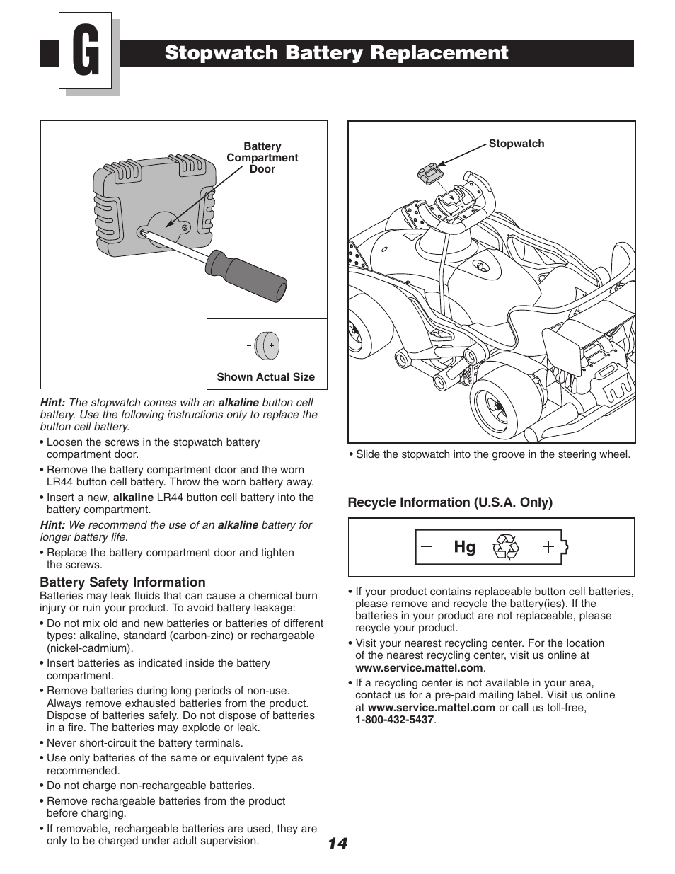 Stopwatch battery replacement | Fisher-Price DRIVEWAY RACER C0530 User Manual | Page 14 / 28