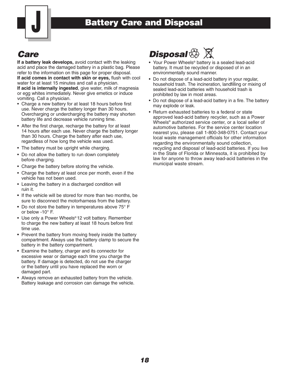 Care disposal, Battery care and disposal | Fisher-Price DRIVEWAY RACER C0530 User Manual | Page 18 / 28