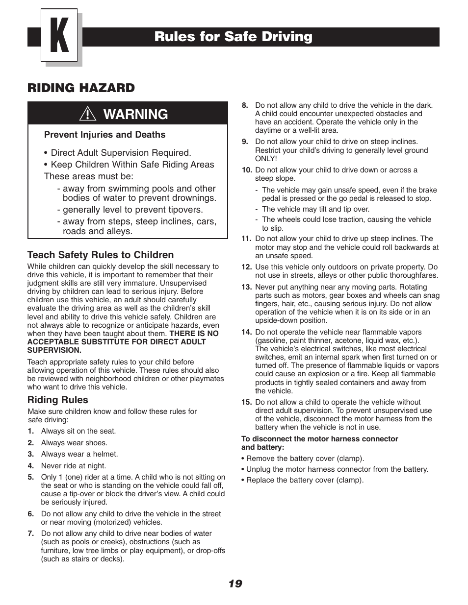 Warning, Rules for safe driving, Riding hazard | Fisher-Price DRIVEWAY RACER C0530 User Manual | Page 19 / 28