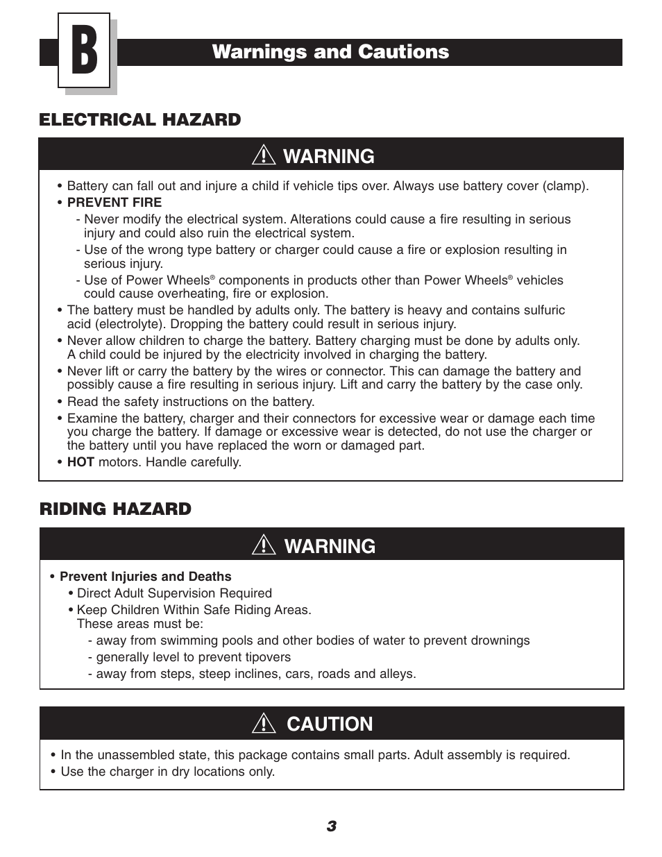 Caution warning warning, Warnings and cautions | Fisher-Price DRIVEWAY RACER C0530 User Manual | Page 3 / 28