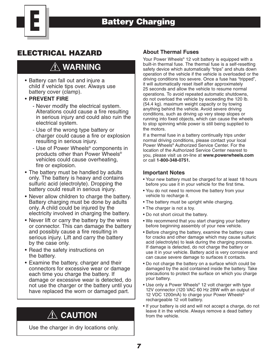 Caution, Warning, Battery charging | Electrical hazard | Fisher-Price DRIVEWAY RACER C0530 User Manual | Page 7 / 28