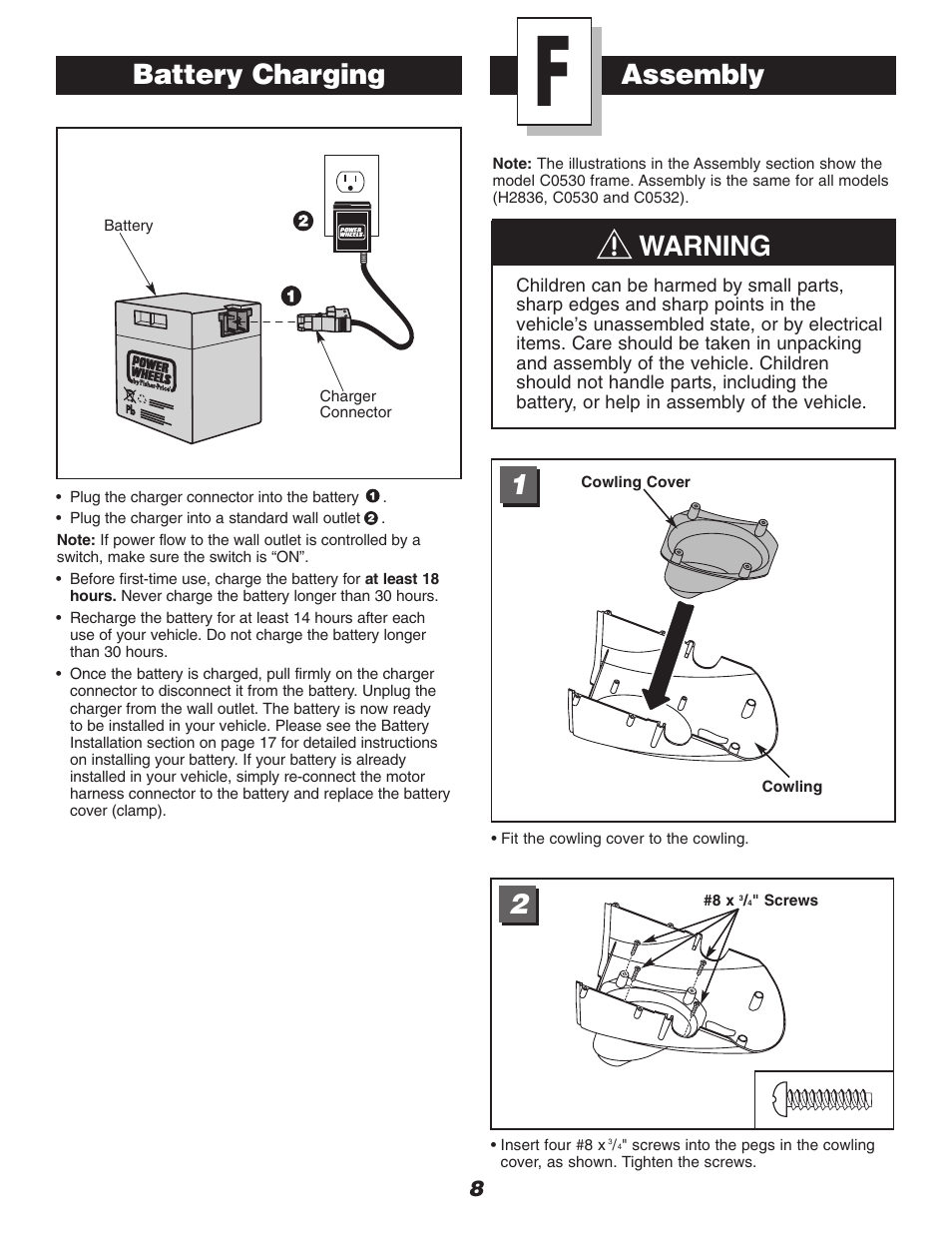 Warning, Battery charging assembly | Fisher-Price DRIVEWAY RACER C0530 User Manual | Page 8 / 28