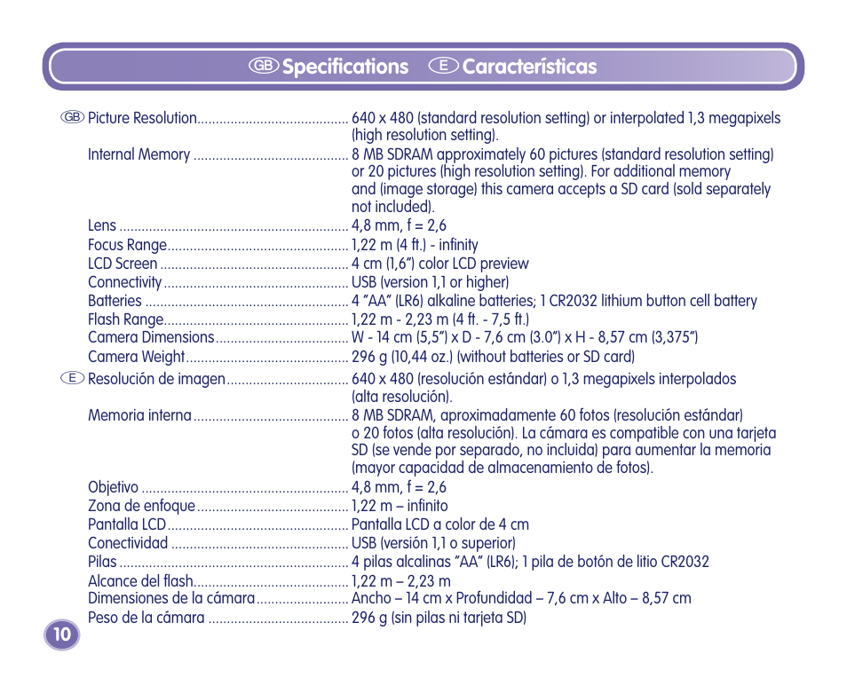 Gspecifications, Ecaracterísticas | Fisher-Price Camera User Manual | Page 10 / 32