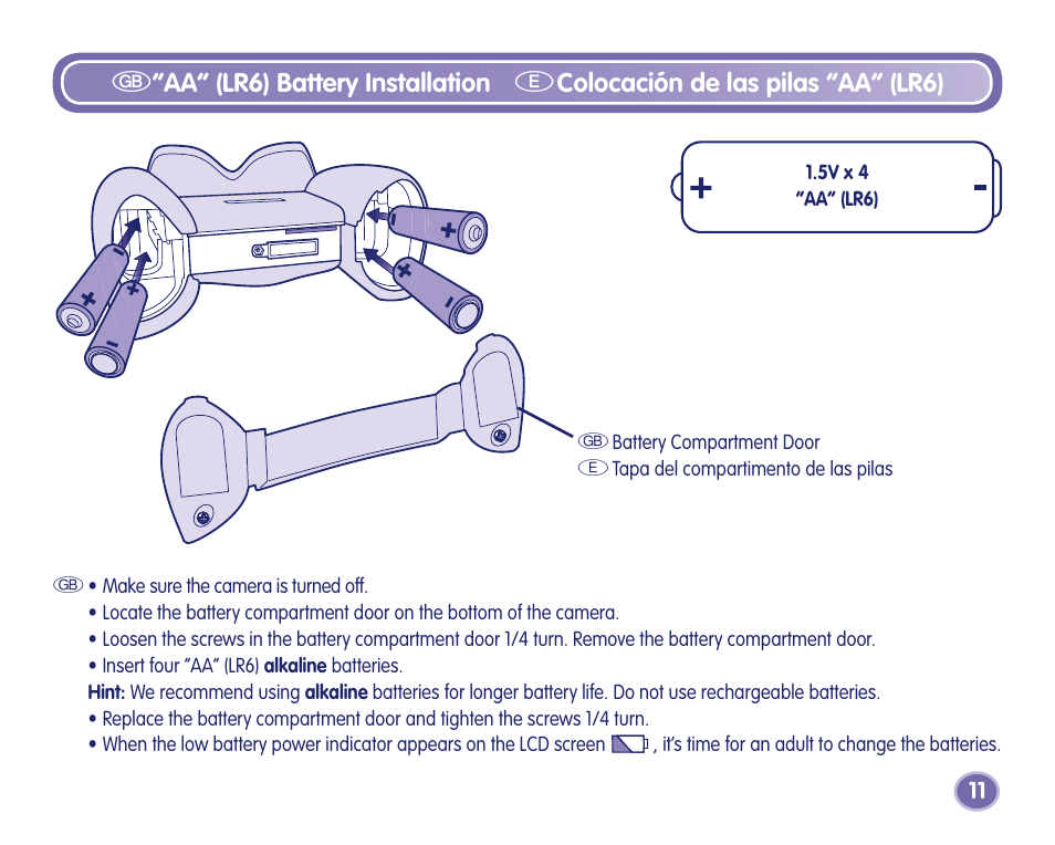 G“aa“ (lr) battery installation, Ecolocación de las pilas “aa” (lr) | Fisher-Price Camera User Manual | Page 11 / 32