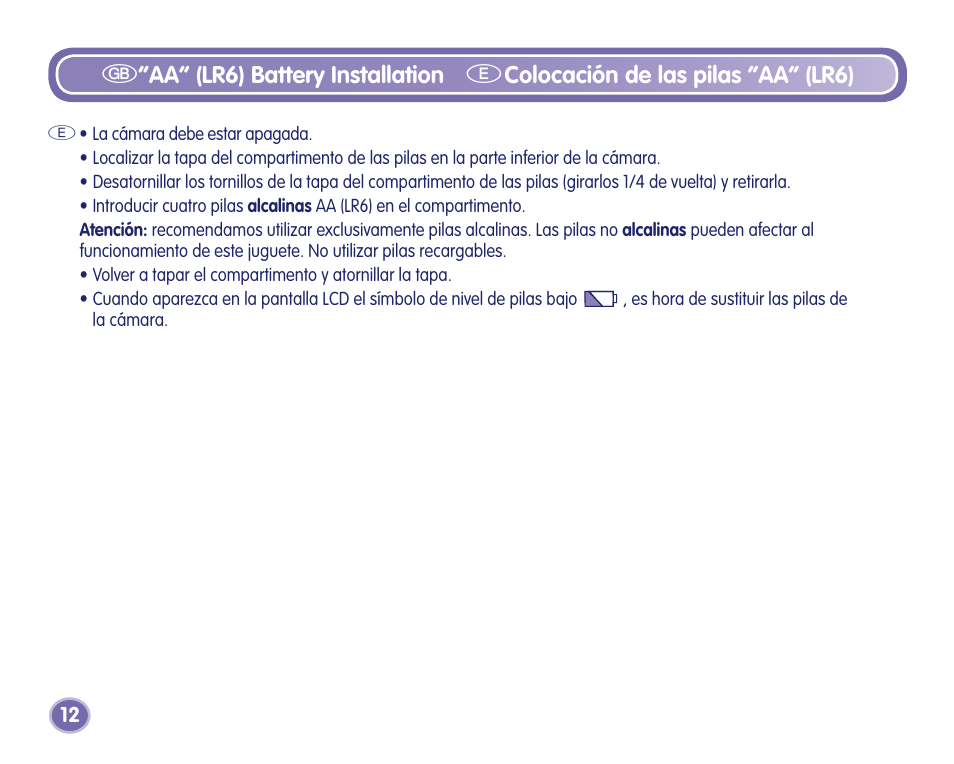 G“aa“ (lr) battery installation, Ecolocación de las pilas “aa” (lr) | Fisher-Price Camera User Manual | Page 12 / 32