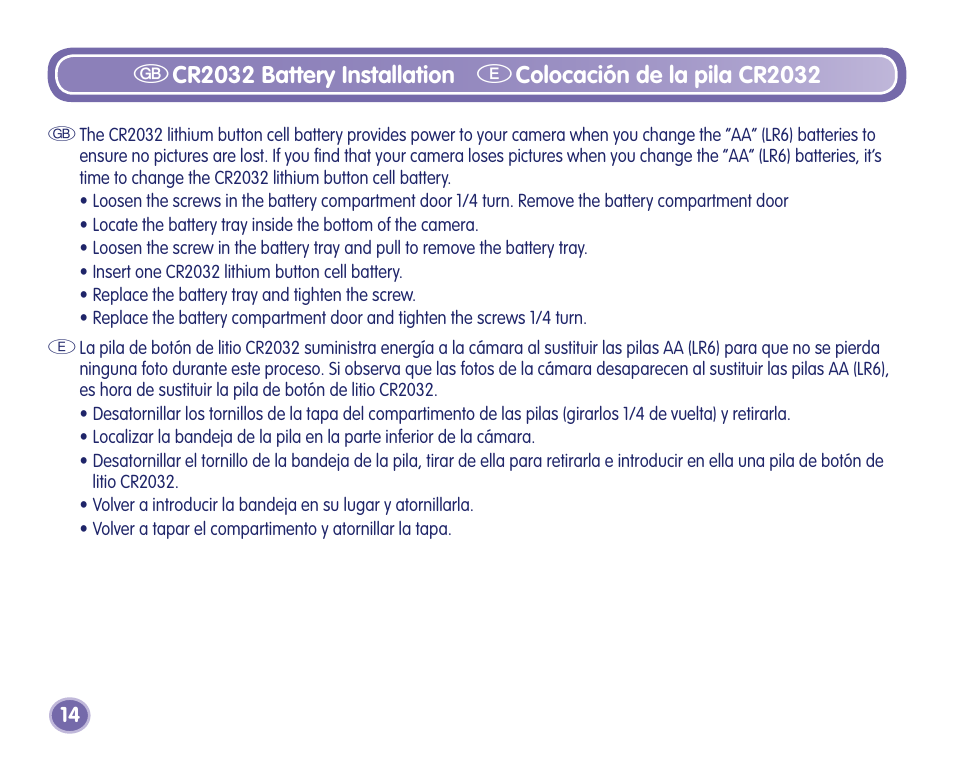Gcr0 battery installation, Ecolocación de la pila cr0 | Fisher-Price Camera User Manual | Page 14 / 32