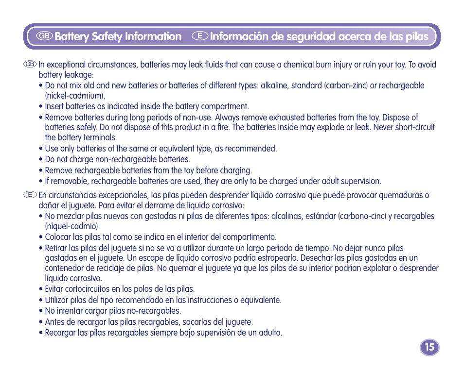 Gbattery safety information, Einformación de seguridad acerca de las pilas | Fisher-Price Camera User Manual | Page 15 / 32