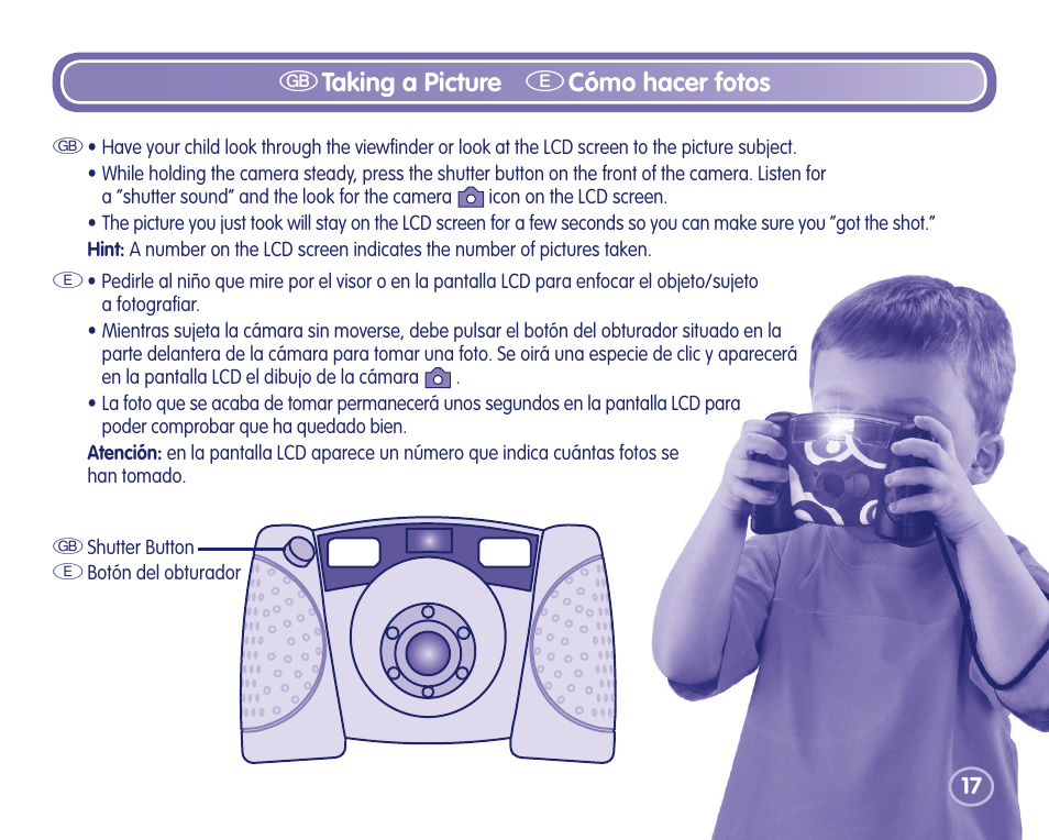 Gtaking a picture, Ecómo hacer fotos | Fisher-Price Camera User Manual | Page 17 / 32