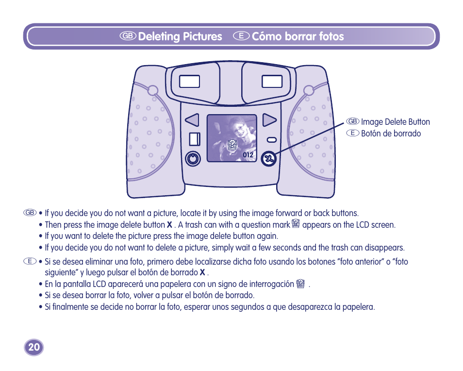 Gdeleting pictures, Ecómo borrar fotos | Fisher-Price Camera User Manual | Page 20 / 32