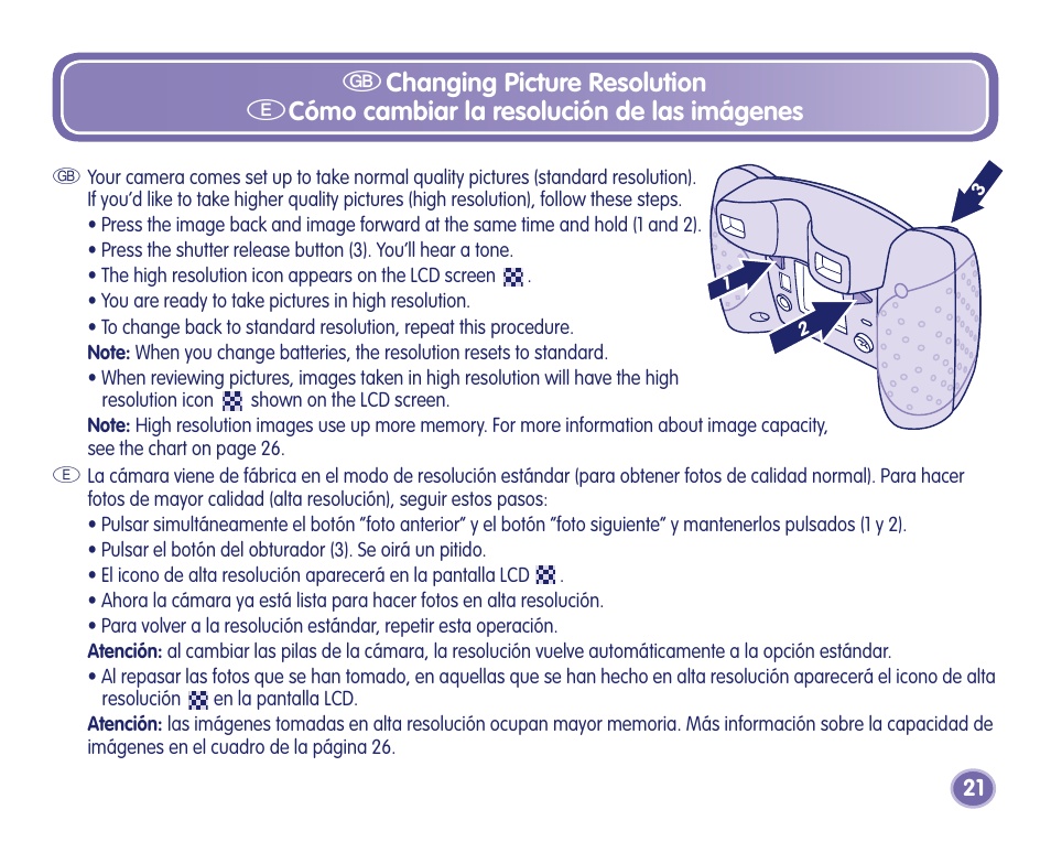 Gchanging picture resolution, Ecómo cambiar la resolución de las imágenes | Fisher-Price Camera User Manual | Page 21 / 32