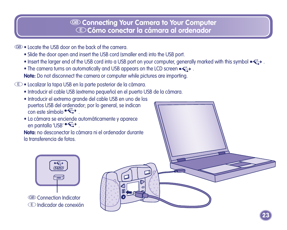 Gconnecting your camera to your computer, Ecómo conectar la cámara al ordenador | Fisher-Price Camera User Manual | Page 23 / 32