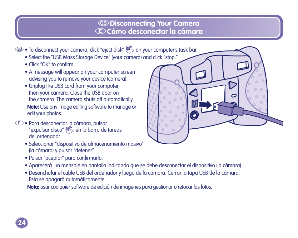 Gdisconnecting your camera, Ecómo desconectar la cámara | Fisher-Price Camera User Manual | Page 24 / 32