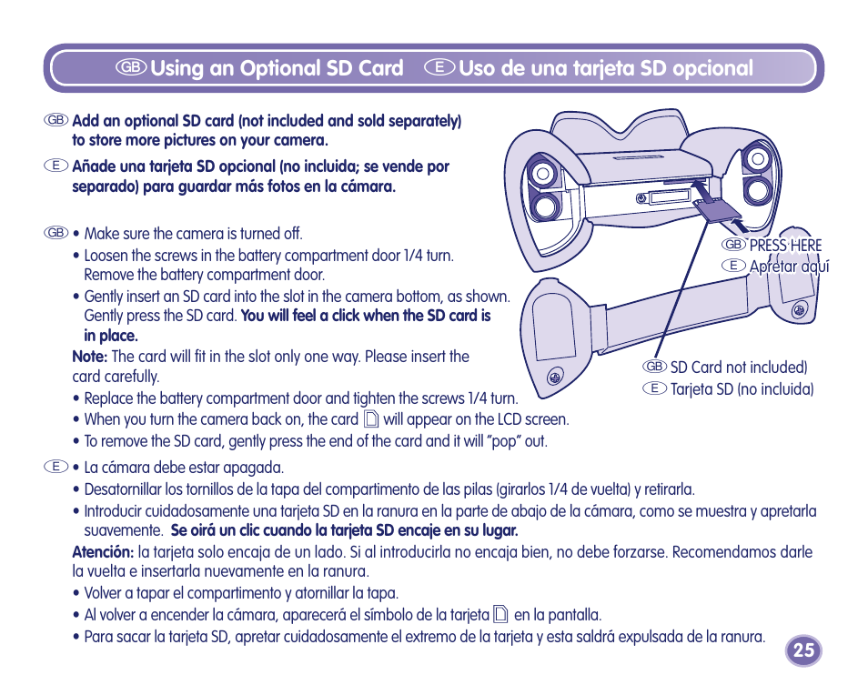 Gusing an optional sd card, Euso de una tarjeta sd opcional | Fisher-Price Camera User Manual | Page 25 / 32