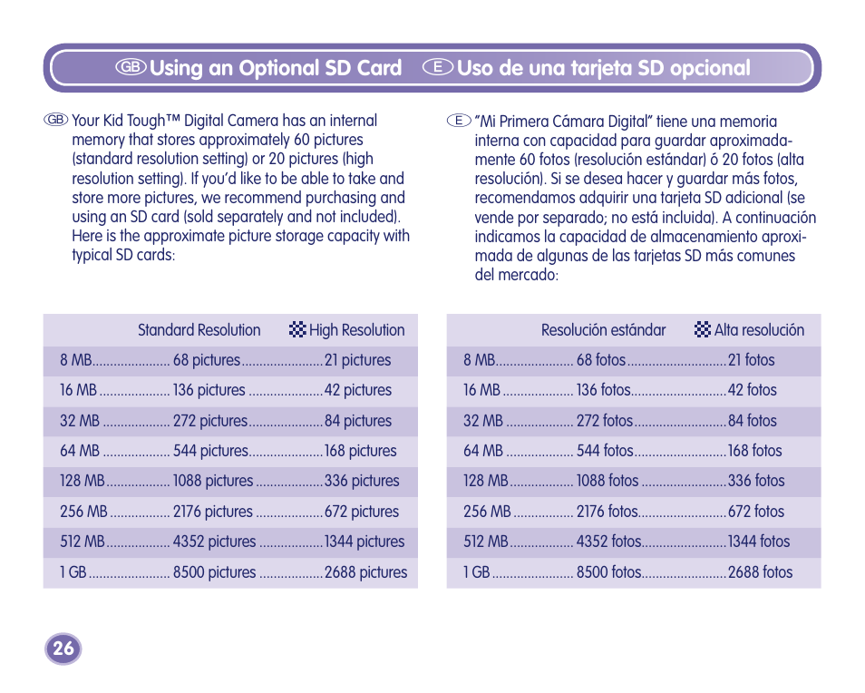 Gusing an optional sd card, Euso de una tarjeta sd opcional | Fisher-Price Camera User Manual | Page 26 / 32