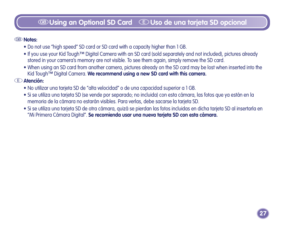 Gusing an optional sd card, Euso de una tarjeta sd opcional | Fisher-Price Camera User Manual | Page 27 / 32
