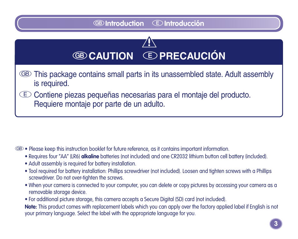 Gcaution e precaución | Fisher-Price Camera User Manual | Page 3 / 32