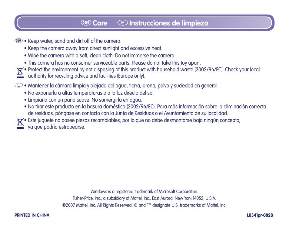 Gcare einstrucciones de limpieza | Fisher-Price Camera User Manual | Page 32 / 32