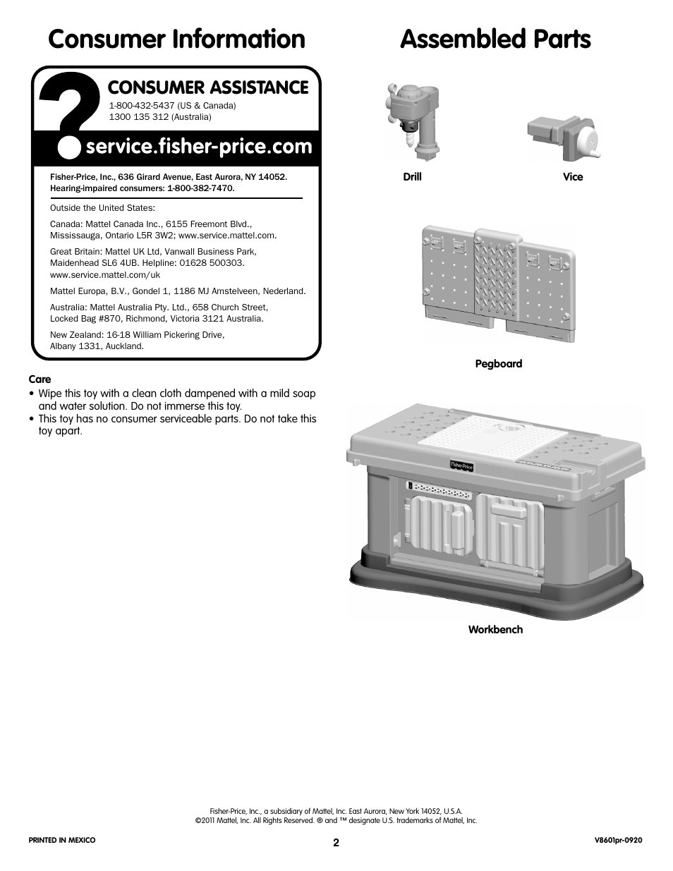 Consumer information, Assembled parts, Consumer assistance | Fisher-Price V8601 User Manual | Page 2 / 6