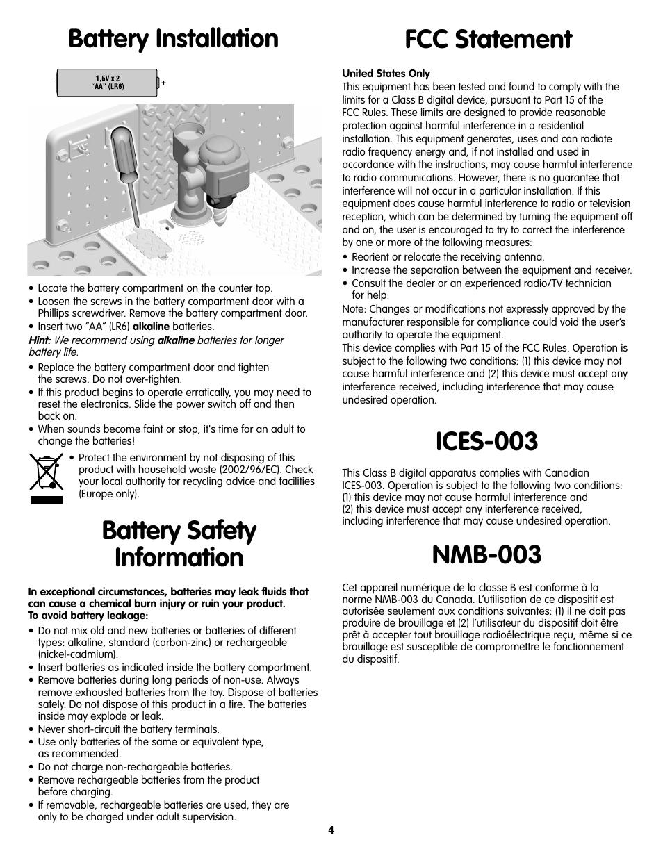 Battery safety information, Battery installation, Ices-003 | Nmb-003, Fcc statement | Fisher-Price V8601 User Manual | Page 4 / 6