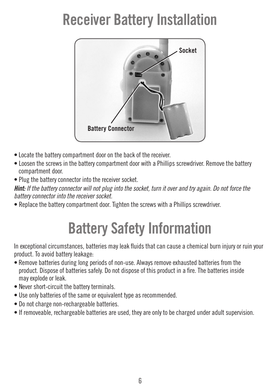 Receiver battery installation, Battery safety information | Fisher-Price M7949 User Manual | Page 6 / 16