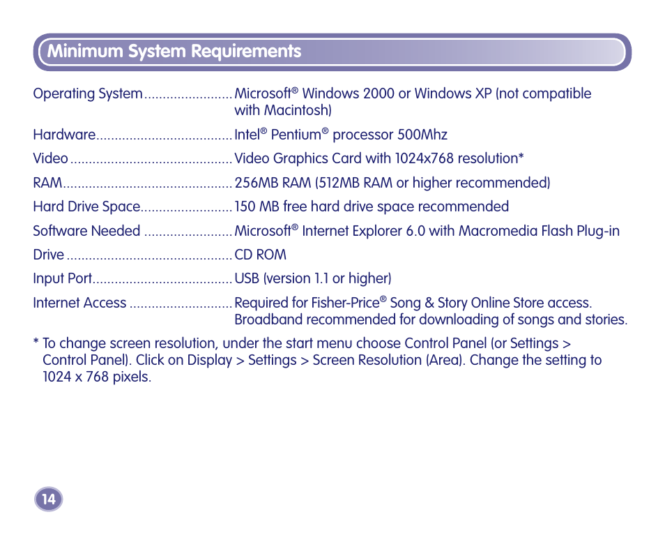 Minimum system requirements | Fisher-Price KID TOUGH K3420 User Manual | Page 14 / 44