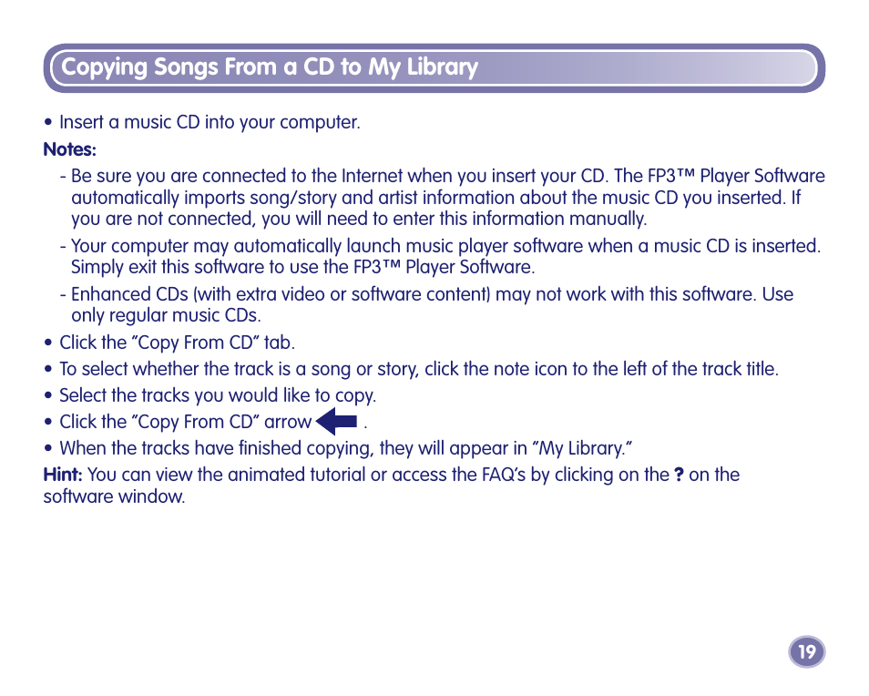 Copying songs from a cd to my library | Fisher-Price KID TOUGH K3420 User Manual | Page 19 / 44